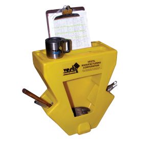 The pallet truck caddy features a large storage compartment.